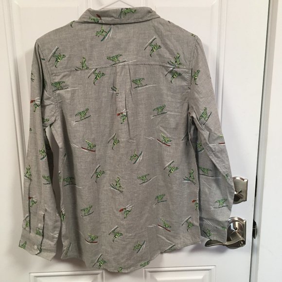 Boy’s Cat & Jack Gray Skiing Dinosaur Long Sleeve Button Down Shirt XXLH (18) - Picture 2 of 8